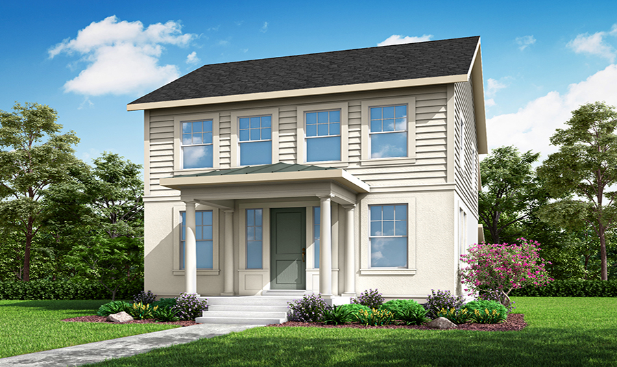A rendering of a two story house.