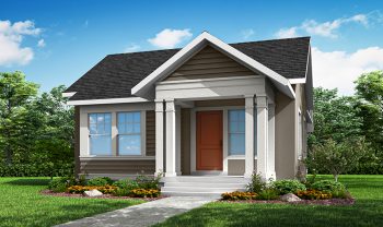 A rendering of a small house with a porch. A rendering of a small house with a porch.
