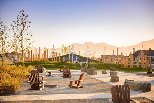 Lake Avenue Park & Dog Park with a playground, plaza, picnic tables & firepits and an off-leash dog park at Daybreak Utah