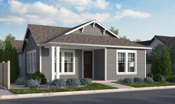 A rendering of a small gray house with a front porch.
