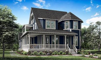 A rendering of a blue house with a porch.