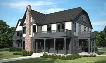 A rendering of a gray house with a porch. A rendering of a gray house with a porch.