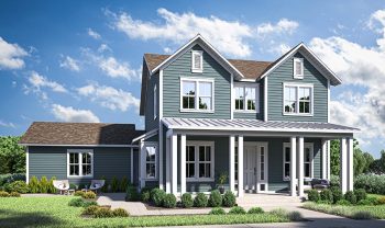 A rendering of a two story house with a porch. A rendering of a two story house with a porch.