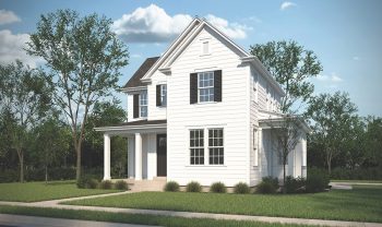 A rendering of a white house with a front porch. A rendering of a white house with a front porch.