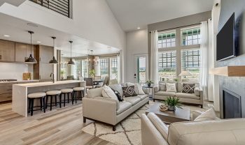 A living room and kitchen in a modern home. A living room and kitchen in a modern home.