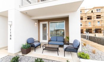 A Manhattan roof deck with blue furniture. A Manhattan roof deck with blue furniture.