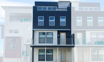 A black and white image of a modern townhouse with a major league floor plan. A black and white image of a modern townhouse with a major league floor plan.