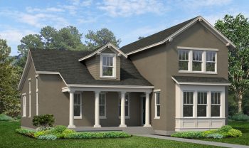 A rendering of a two story home with a front porch. A rendering of a two story home with a front porch.