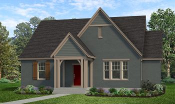 A rendering of a gray house with a red door. A rendering of a gray house with a red door.