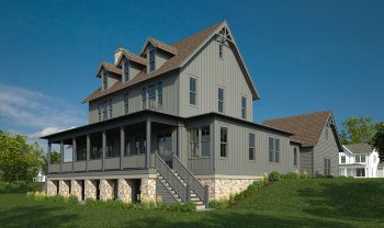 A rendering of a gray house with a porch. A rendering of a gray house with a porch.