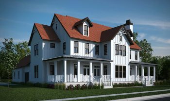 A 3d rendering of a white house with a porch. A 3d rendering of a white house with a porch.