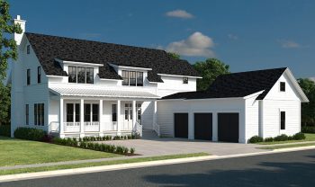 A rendering of a white house with a garage. A rendering of a white house with a garage.